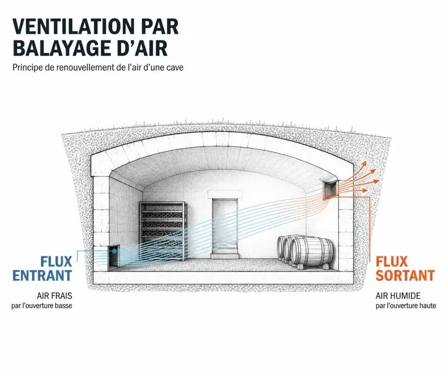 Schéma de ventilation naturelle par balayage d'air dans une cave humide