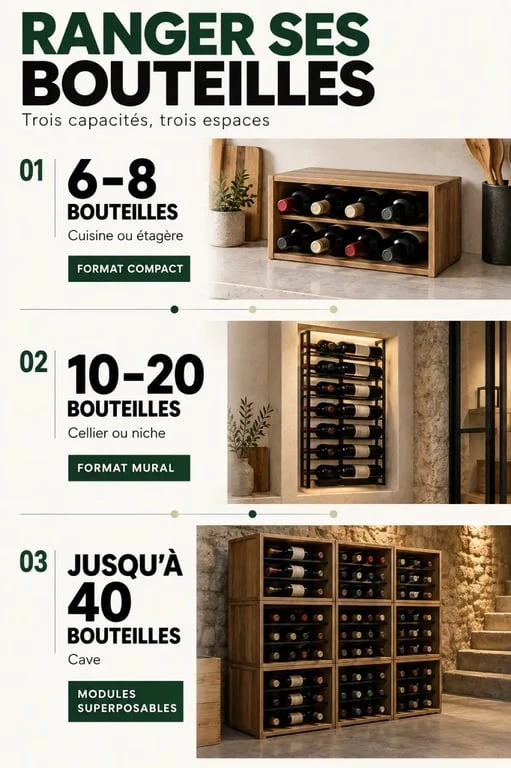 Infographie sur le rangement pour bouteilles selon la capacité et l’emplacement