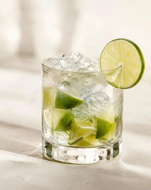 Recette caipiroska classique avec citron vert et glace pilée dans un verre old fashioned