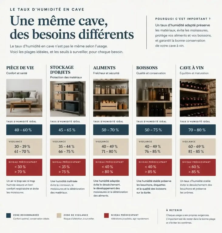 Infographie des taux humidité cave recommandés selon l’usage