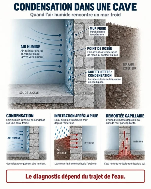 Schéma du taux humidité cave et des causes de condensation, infiltration et remontée capillaire