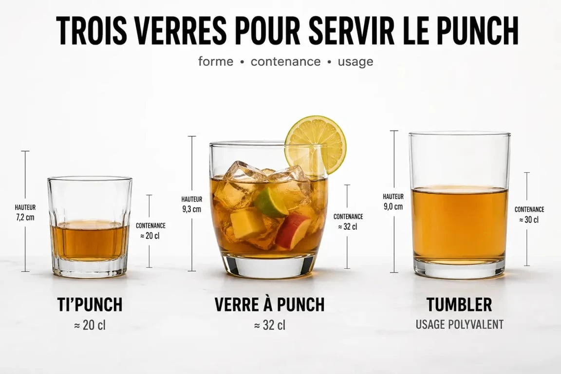 Verre pour punch : comparaison visuelle entre un verre à ti’punch, un verre à punch et un tumbler