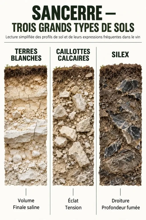 Vin nature Sancerre : infographie des sols terres blanches, caillottes et silex