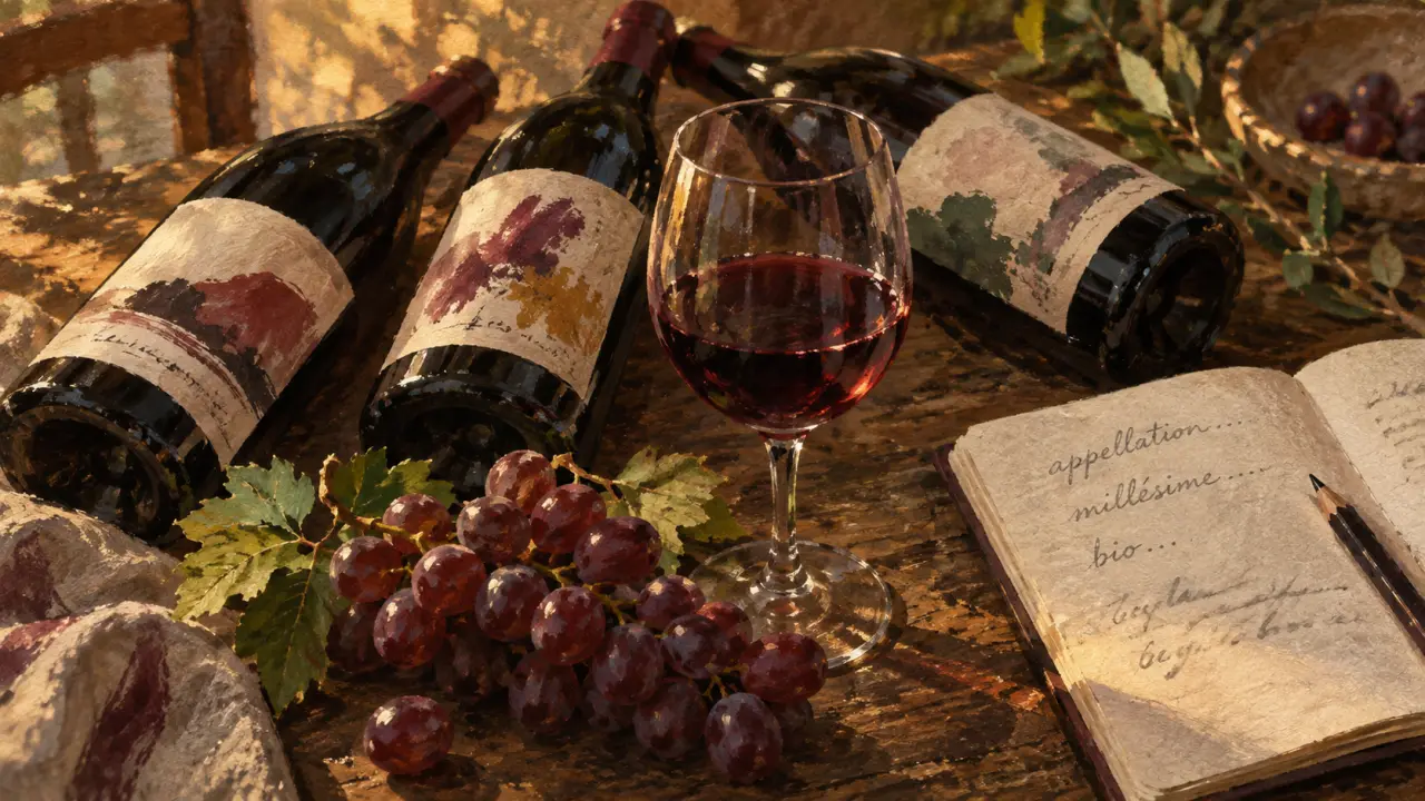 Vin bio beaujolais : bouteilles, gamay fruité et cru de garde sur table