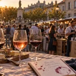 vin primeur carcassonne sur la Place Carnot, verres et stands en golden hour
