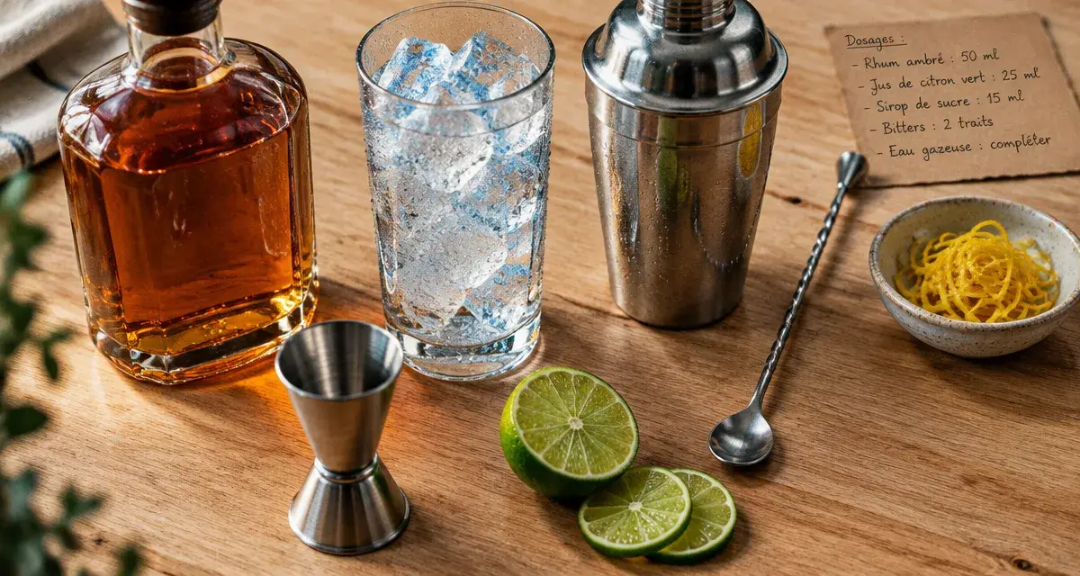 Cocktail benedictine : bouteille ambrée et verre à glaçons, zestes de citron