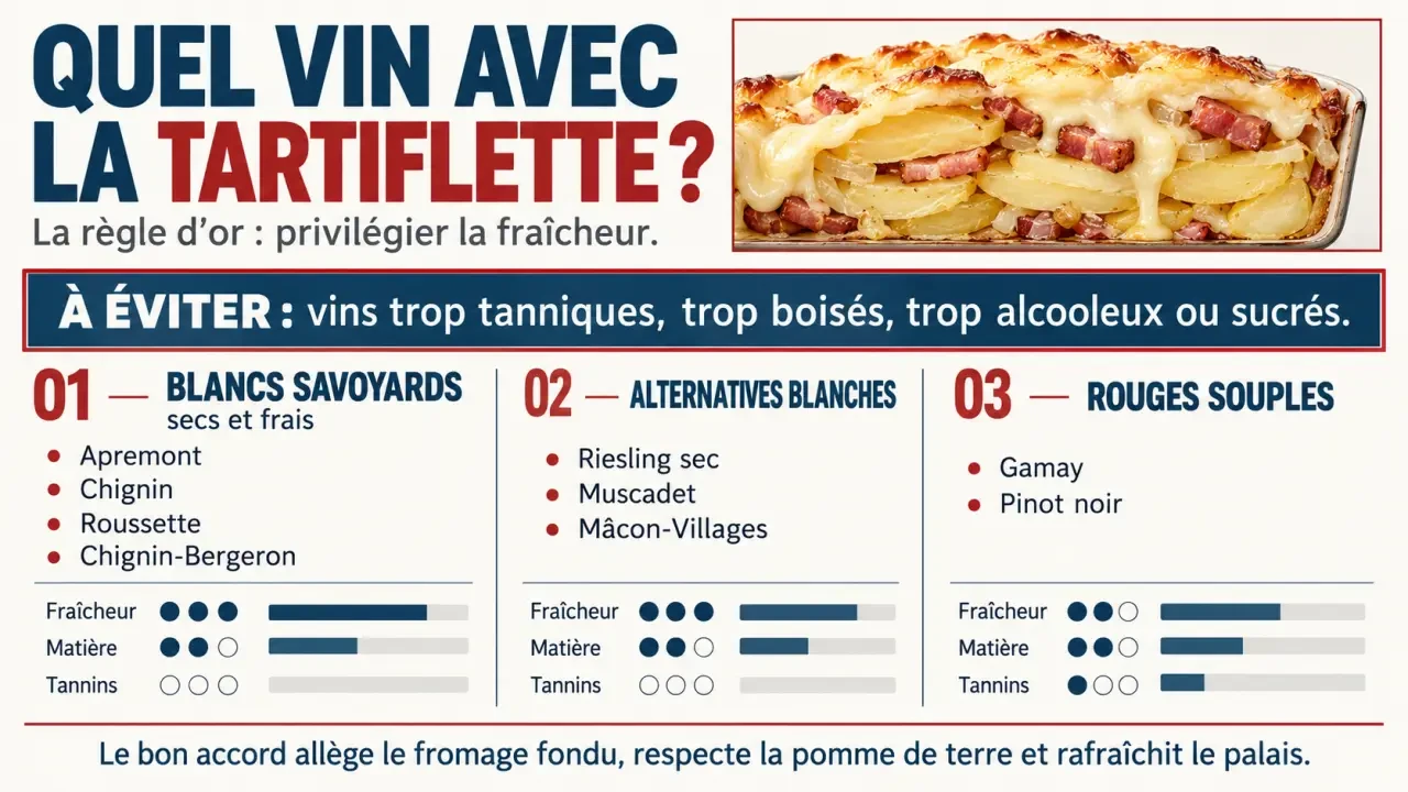 Vin pour tartiflette : infographie des blancs frais et des rouges souples à choisir