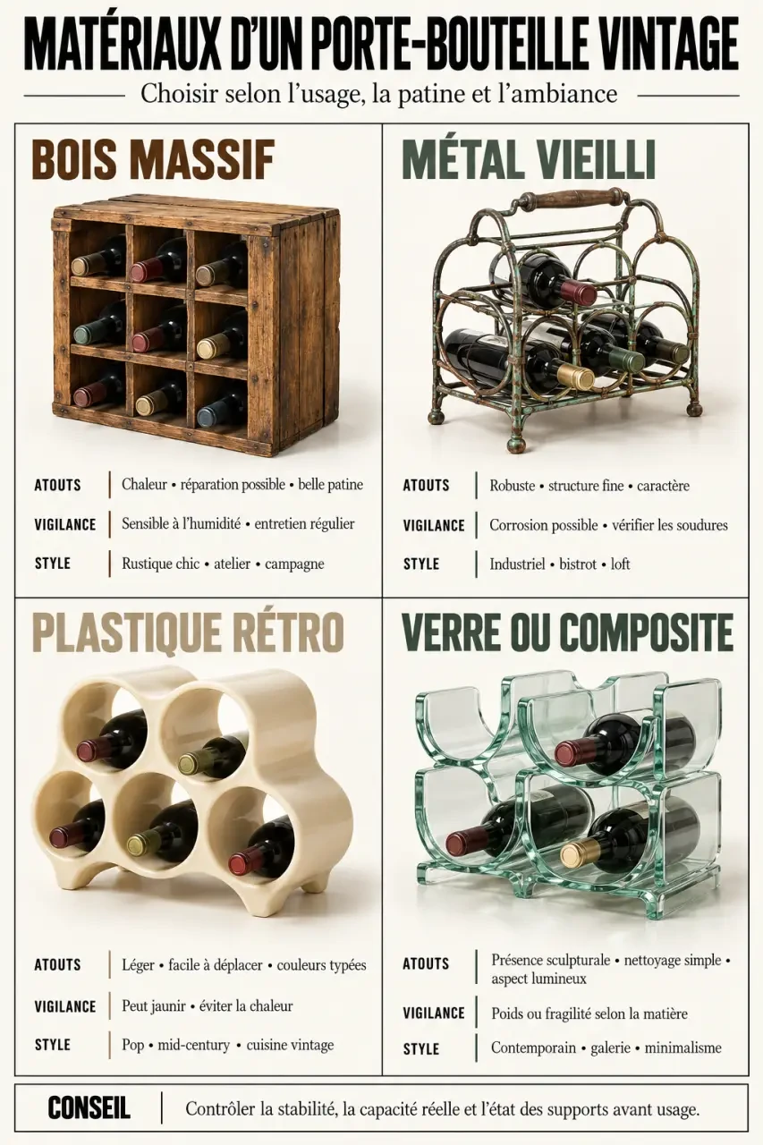 Infographie des matériaux et styles d’un porte-bouteille vintage en bois, métal, plastique et verre