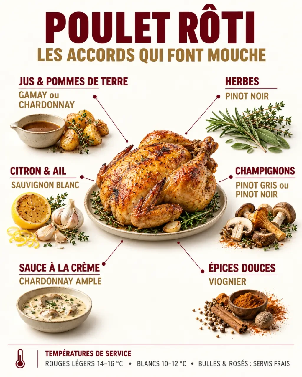 Infographie sur que boire avec un poulet rôti selon la garniture et la sauce