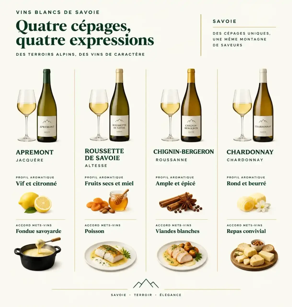Comparatif visuel du vin blanc de Savoie : Apremont, Roussette de Savoie, Chignin-Bergeron et Chardonnay, avec cépages, profils et accords