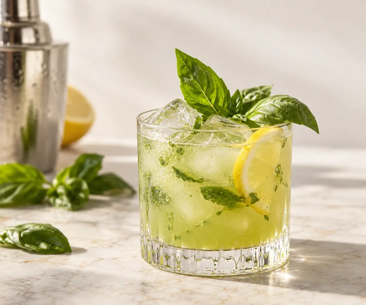 Recette basil smash servi dans un verre avec basilic frais, citron et glaçons