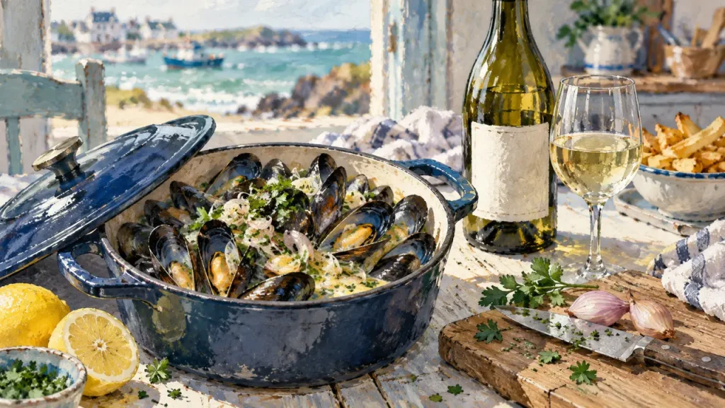 Quel vin blanc pour les moules marinières ? Muscadet à table, blanc sec en cuisson