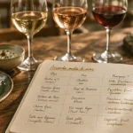 Tableau des accords mets et vins : carnet, huître et verres de vin sur table