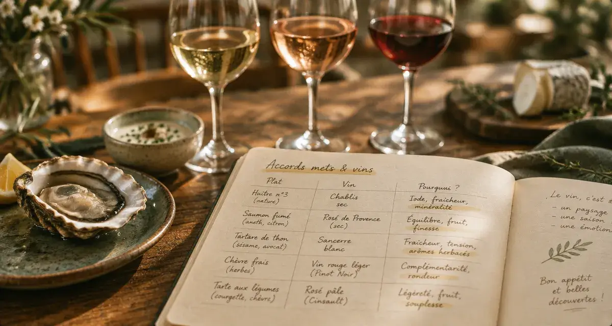 Tableau des accords mets et vins : carnet, huître et verres de vin sur table